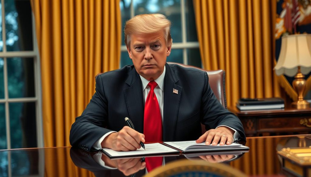 Donald Trump signing official documents in the Oval Office