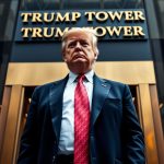 Donald Trump standing in front of Trump Tower, illustrating his refusal to divest from his business interests