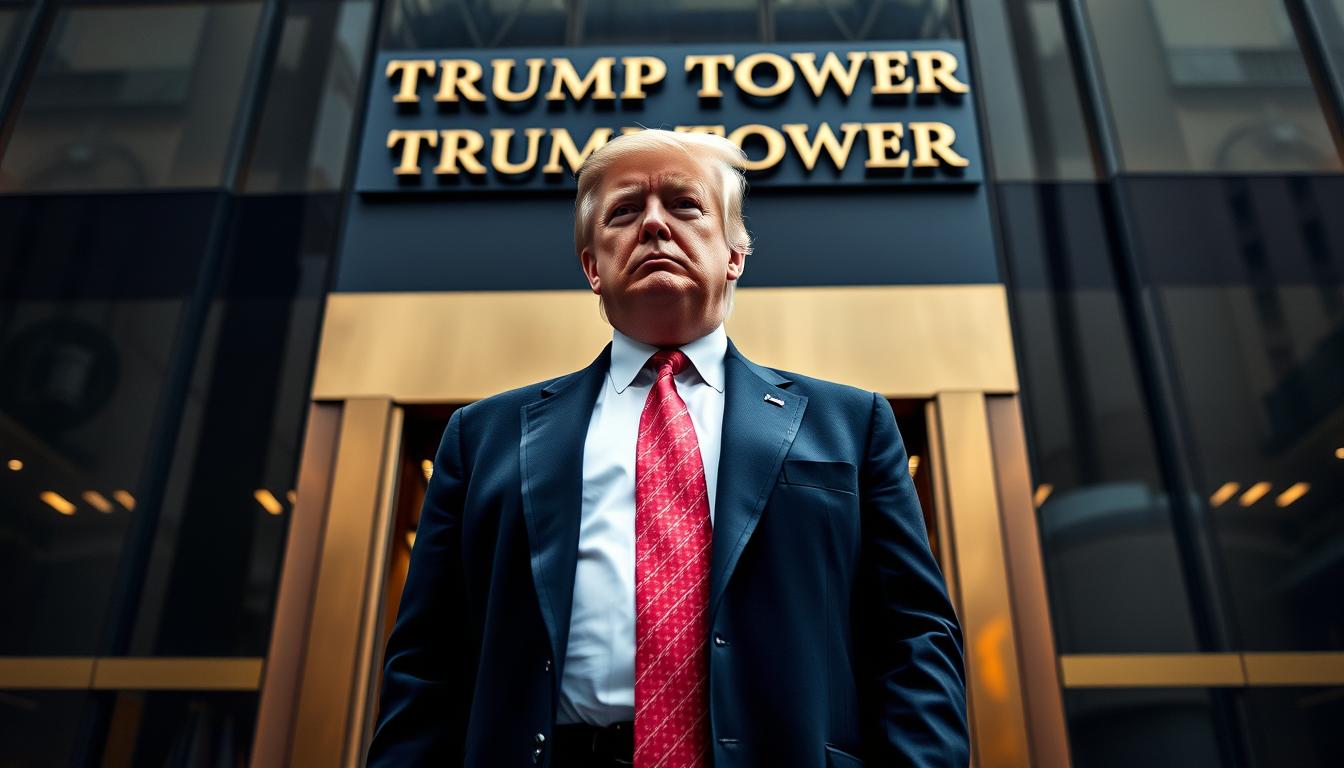 Donald Trump standing in front of Trump Tower, illustrating his refusal to divest from his business interests